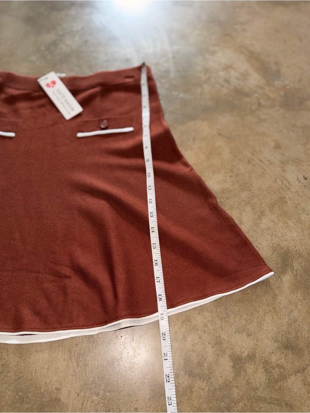 NWT Kate Kasin XL Coffee Brown Knit A-Line Skirt White Trim Preppy Mini - Picture 6 of 9